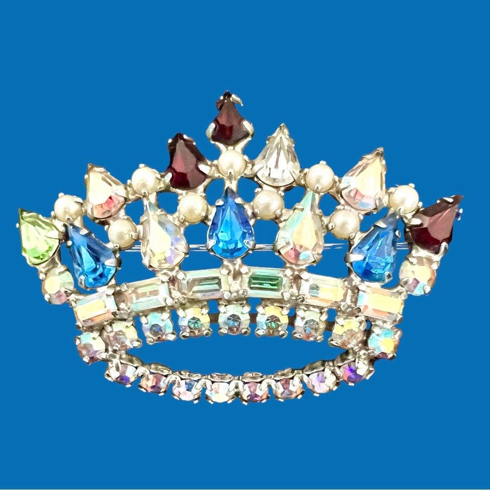 B. David Vintage Crown Brooch Silver Tone Multi-Color Rhinestones Signed